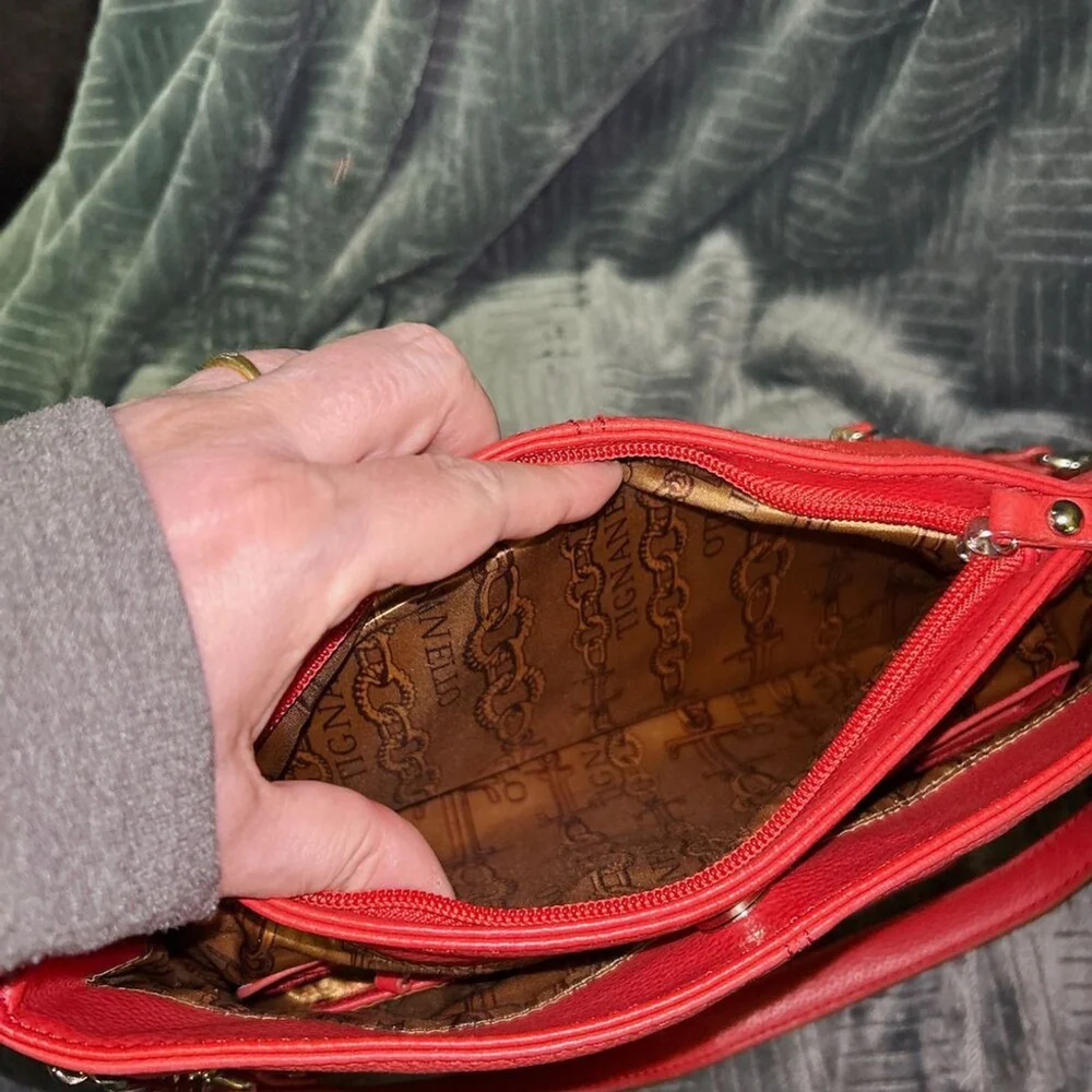 Tignanello Red Leather Hobo Bag With Chain Accent